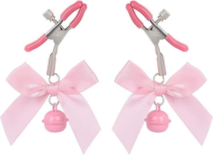 2PCS Non-Piercing Nipple Clamps – Adjustable Stainless Steel Bow Clips with Bells (Pink)