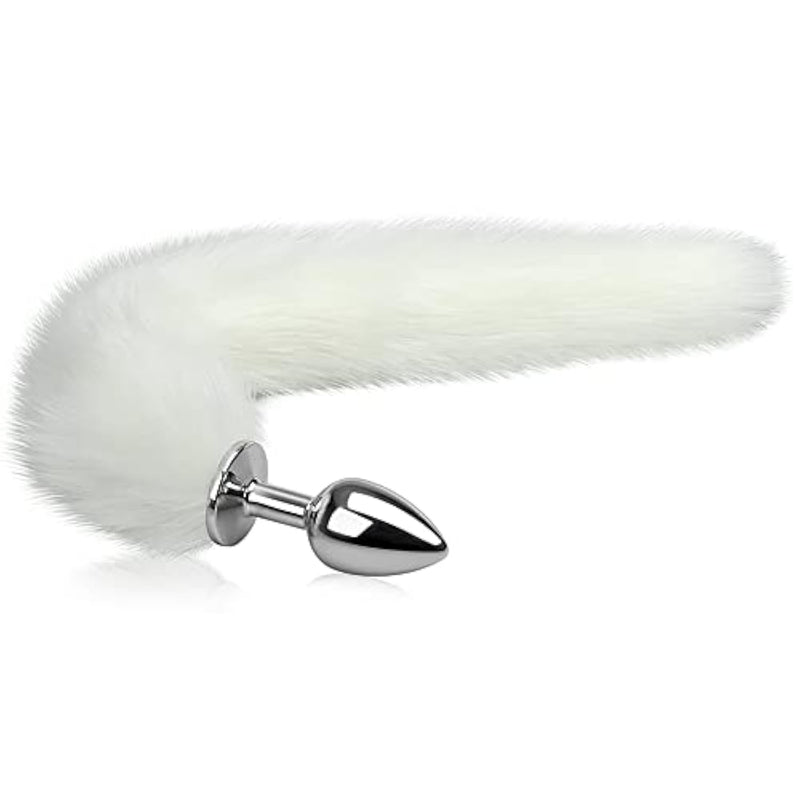 Anal Plug Trainer With Imitation Fluffy Fox Tail, Alloy Anus Stopper Furry Long Fox Tail Butt Plug Anal Plug Animal Tail Role Play Sex Toys Flirting Tools For Men Women Couples White (L)