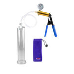 Penis Pump Kit Ultima - Brass Handle, Blue Rubber Grips, Clear Hose + Gauge - 9" X 2.00" Cylinder