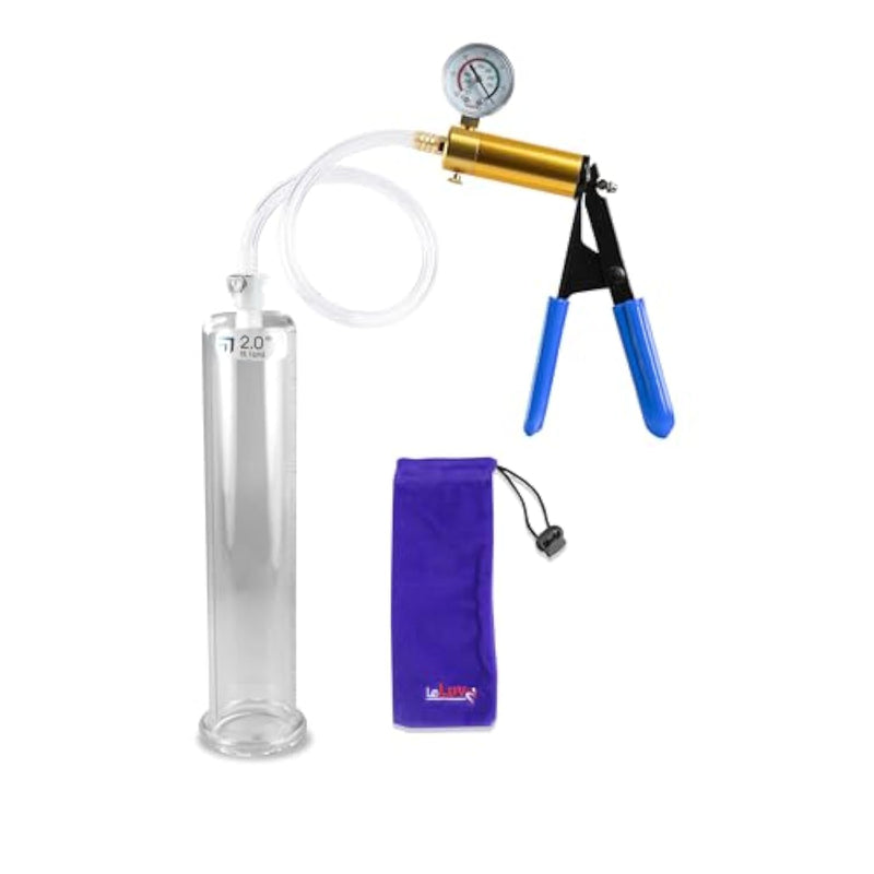 Penis Pump Kit Ultima - Brass Handle, Blue Rubber Grips, Clear Hose + Gauge - 9" X 2.00" Cylinder