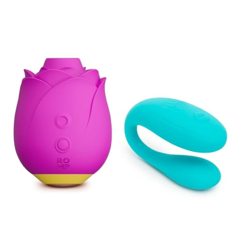 ROMP Join Teal C-Shaped Couples Vibrator & Rose Toy Pleasure Air Clitoris Sucker - Couples Sex Toys Bundle