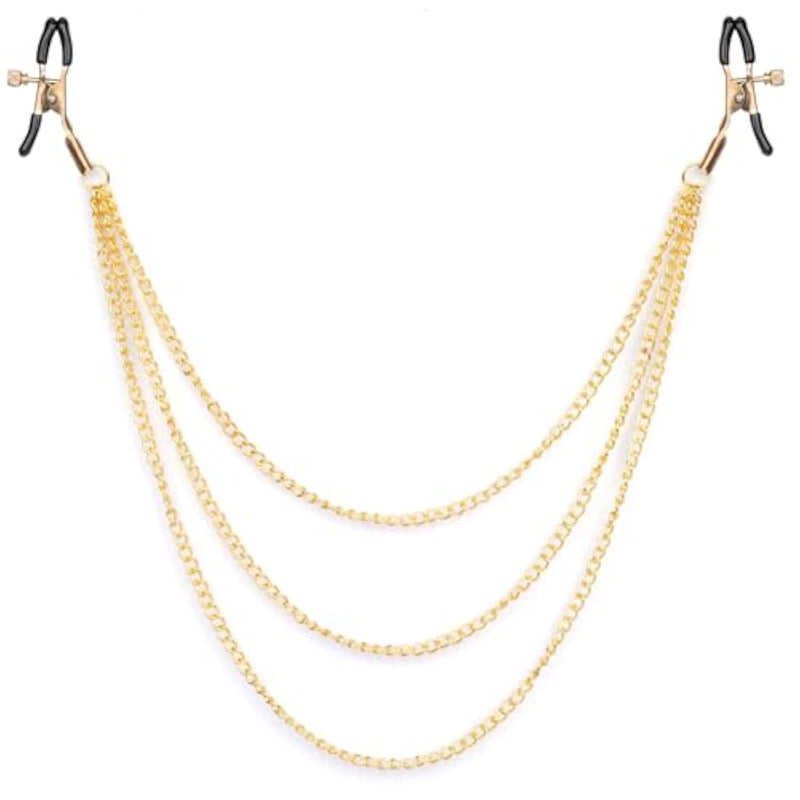 Bdsm Adjustable Metal Nipple Clamps With Chain Non Piercing, Nipple Adult Sex Toys For Women Couples, Breast Flirting Stimulation Bondage Wellness (Golden Triple)