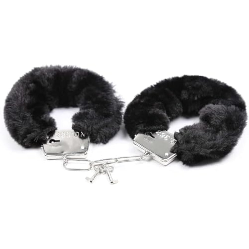Stainless Steel Black Fluffy Handcuffs For Ankles And Wrist With Chain Set Fuzzy Sweater Hand Cuff Set For Adults Bedroom Hand Cuffs For Women Couples Iw219