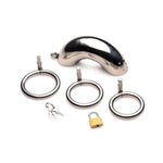 Locking Stainless Steel Chastity Cage W/ 3 Rings, Silver