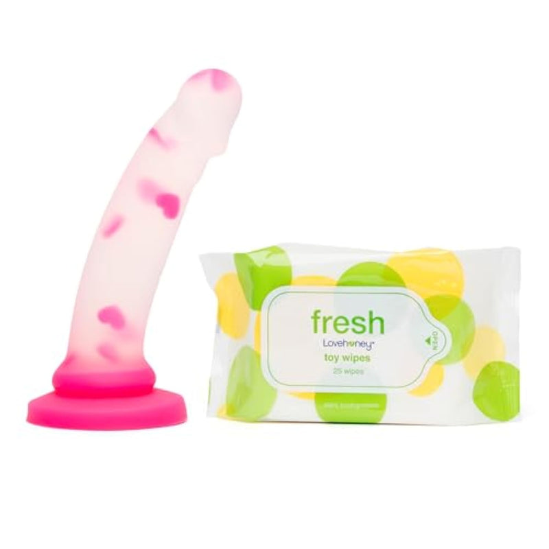 Heart Realistic 8 Inch Dildo And Fresh Sex Toy & Body Wipes - Female Sex Toys Bundle