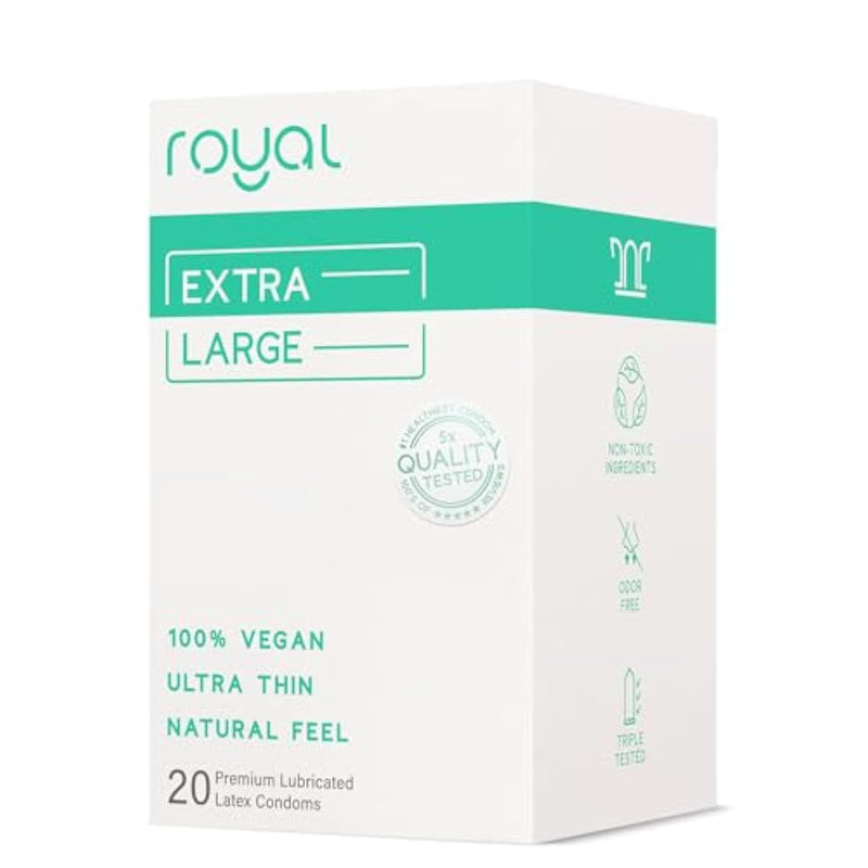 Royal Extra Large Ultra Thin Vegan Condoms - Premium Lubricated Condom Pack - Unflavored Lubricant, Organic Latex Rubber - Odorless, Slim, Natural Feel - Safe & Durable Male Contraceptives - 20 Count