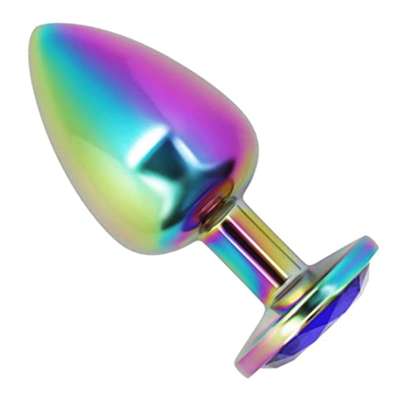 Iridescent Anal Plug Sex Toy For Men Women Couples - Metal Butt Plug With Jewel - P-Spot Massager - Double Penetration - Anal Trainer - Body-Safe Aluminum Alloy Small Size - Rainbow Gem