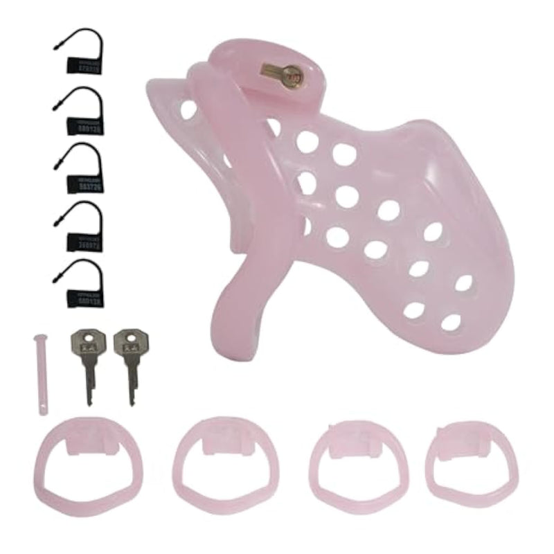 Resin Chastity Device With Invisible Lock Sm Bondage Adult Chastity Cage Sex Toys, Cock Cage With 4 Removable Rings Of Different Sizes And 5 Disposable Coded Locks (Small,Pink)