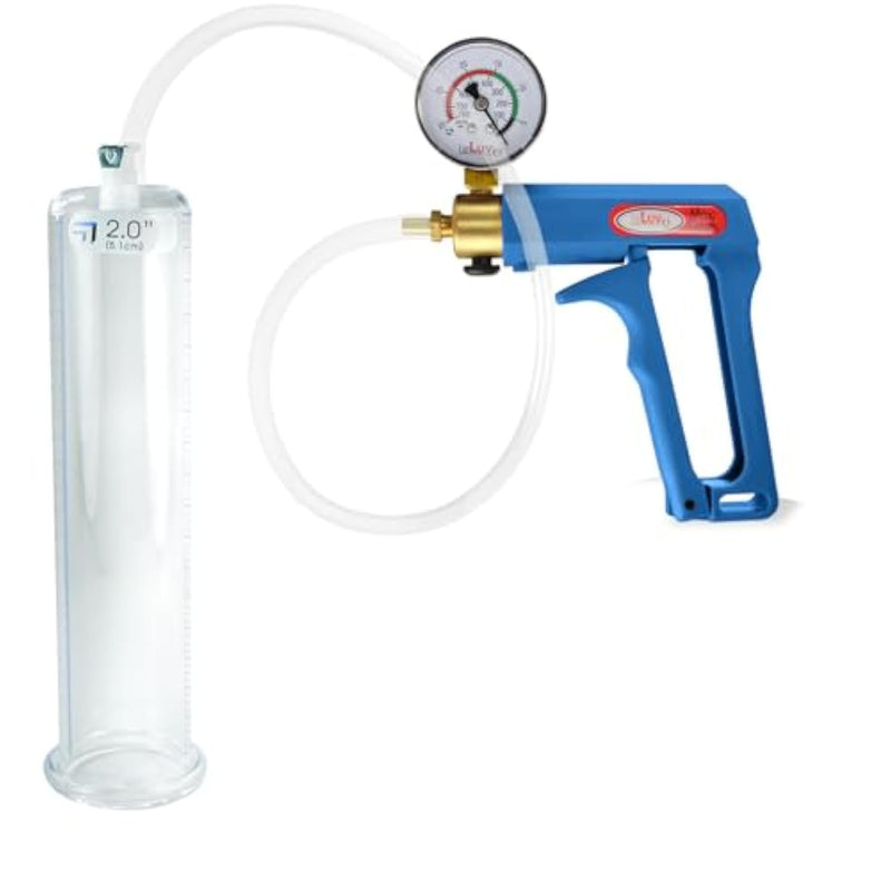 Penis Pump Maxi Blue Handle With Gauge, Clear Hose - 9 Inch Length X 2 Inch Diameter Cylinder