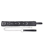 Fur-Lined Black Leather Bondage Collar and Leash Set for BDSM Games