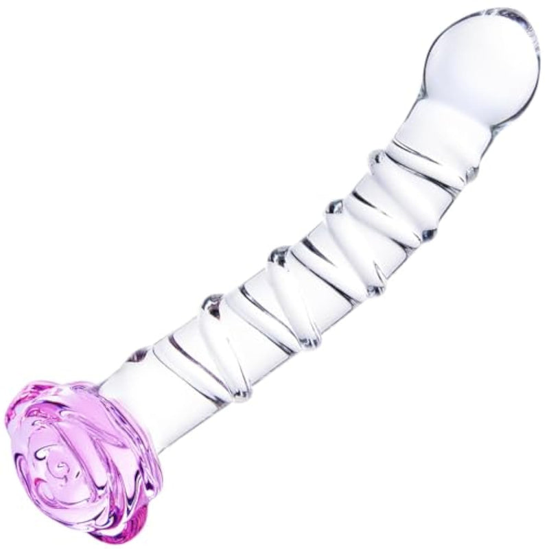 7.9 Inch Rose Clear Glass Dildo For Women, Transparent Butt Plug Dildo, Curved Ribbed Glass Sex Toy Good For Temperature Play, With Anal Beads And Textured Design, Fantasy Sex Toy For Men And Women