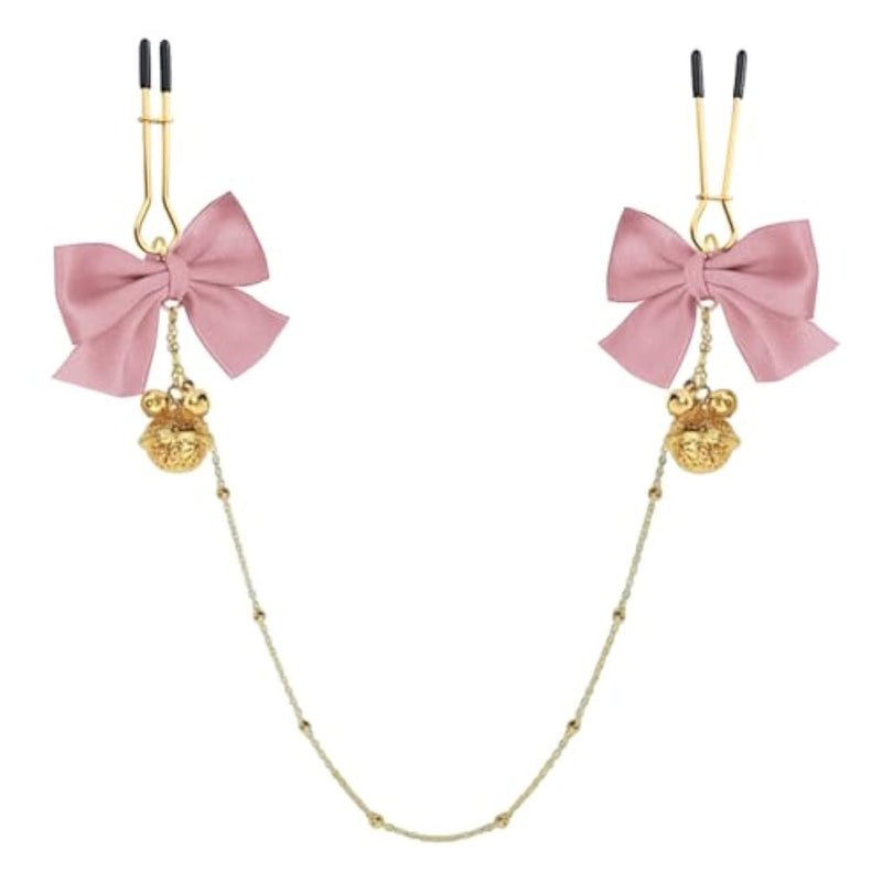 Golden Body Chain Adjustable Nipple Clamp With Chain Breast Shaking Bells Body Clamps Classic Ring Bell Forked Tail Body Jewelry Clip Gifts For Women (Bell-Bow-Pink)