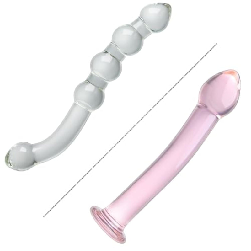 Glass Double-Ended Dildo 8.46Inch Clear G-Spot Dildo Pleasure Wand With Beads + 6.88 Inch Pleasure Wand Dildo Vaginal G-Spot Anal Play For Men Women