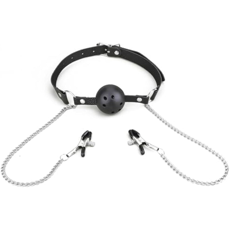 Ball Gag With Nipple Clamps, 4.5Cm Mouth Gag And Breast Clamps With Chains, Slave Restraints Ballgag For Couples Bedroom Play, Sm Bondage Sex Toys Flirt For Women Men Extreme Love (Black)