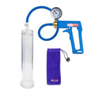 Premium Penis Pump - Blue Maxi Handle With Vacuum Gauge, Uncollapsible Silicone Hose - 9" Untapered Length X 1.65" Diameter Round-Flange Cylinder