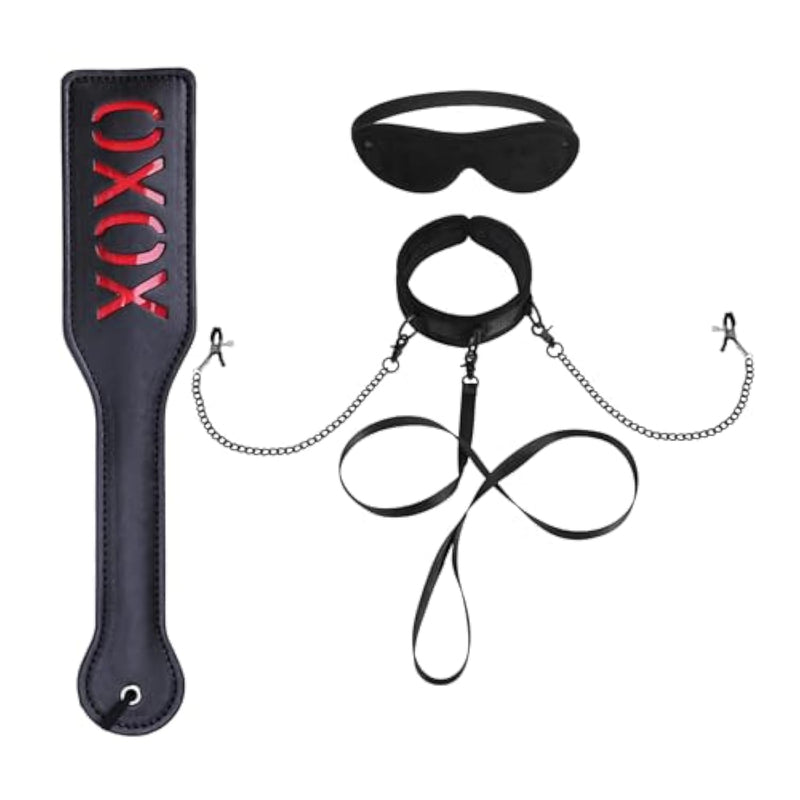 Xoxo Spanking Paddle, Bondage Collar Leash Set With Nipple Clamps And Blindfold For Adults Bdsm Play Sex Toys