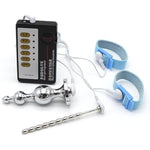 Gourd-Shaped Metal Electric Shock Anal Plug, Male Bead Urethral Penis Plug, 2 Elastic Restraint Cock Ring Electric Shock Set