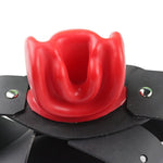 Latex Mask with Bite Gags and Bondage Belt, Red Mouth Lip Facing Tongue