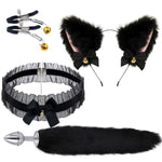 Aobrzhau 4 Pcs Cat Ears And Rabbit Animal Tail Cosplay Set,Handmade Faux Fur Hair Clip Headdress, Halloween Lace Butterfly Collar, Plush Ears For Women, Perfect For Cosplay And Party