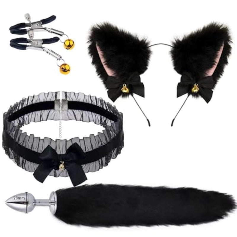 Aobrzhau 4 Pcs Cat Ears And Rabbit Animal Tail Cosplay Set,Handmade Faux Fur Hair Clip Headdress, Halloween Lace Butterfly Collar, Plush Ears For Women, Perfect For Cosplay And Party