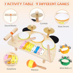 Kids Drum Set, Montessori Musical Instruments for Toddlers 1-3, Wooden Baby Musical Toys, Musical Activity Table Preschool Learning Xylophone Drum Kit, Christmas Birthday Gift for Boys Girls Ages 1-3