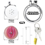 Flat Chastity Cage Stainless Steel Chastity Device With Realistic Vaginal And Silicone Penis Plug, Metal Ultra Small Cock Cage Bdsm Bondage Sex Toy For Men (55Mm Ring)