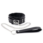 Fur-Lined Black Leather Bondage Collar and Leash Set for BDSM Games
