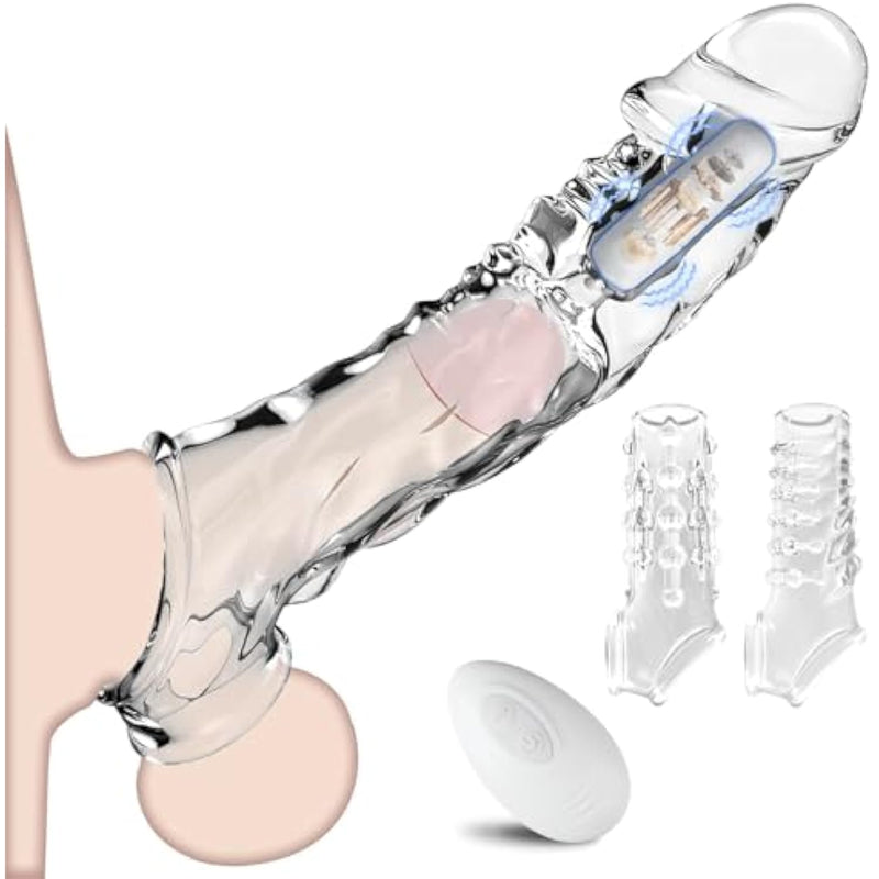 Penis Sleeve Reusable And Vibrator Set - 4 In 1 3.15 Inch Clear Penis Extender,10 Vibration Modes 3 Styles, Waterproof Super Soft Tpe, Cock Sleeve For Men And Women Couples Enlargement Sex Toys