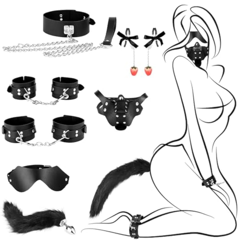 Sex Restraints Dog Bdsm Kit 9 Pieces With Adjustable Handcuffs Collar Ankle Cuff Blindfold Anal Plug Nipple Clamps Adult Games Sexy Toys For Men Women And Couples Foreplay (Black)
