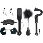 6Pcs Bondage Restraints Set With Furry Handcuffs Satin Blindfold, Whip, Spanking Paddle, Bells Clamp, Feather Teaser For Couples