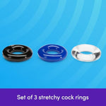 Doughnut Cock Ring Multipack - Stretchy Penis Ring - Waterproof - 3 Pack - Blue, Black & Clear
