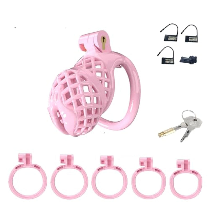Lightweight Male Chastity Cage, Resin Cock Cage Chastity Devices,Adult Sex Toy For Men, Locked Key,5 Sizes Rings Included (Pink, Small)