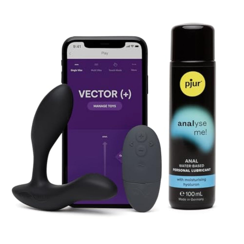 Vector+ Black Vibrating Butt Plug And Prostate Massager & Pjur Analyse Me Water-Based Personal Lubricant 3.4 Fl Oz - Male Sex Toys Bundle