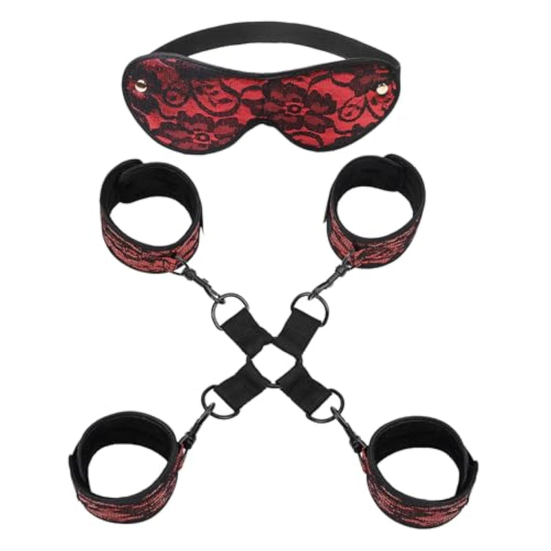 Red Lace Bondage Restraint Hogtie Set, Handcuffs Ankle Cuffs And Blindfold For Adults Bdsm Sex Toys