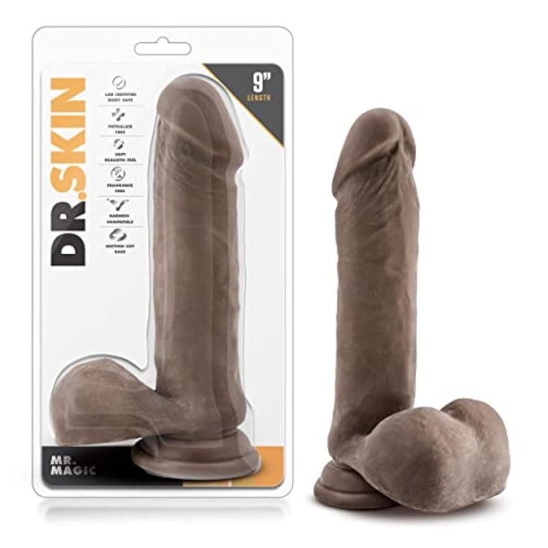 Blush Sex Toys – Dr. Skin Mr. Magic - 9 Inch Realistic Dildo With Balls - Thick 2” Girth Bbc Penis - Veiny Big Cock With Suction Cup & Strap On Compatible - Adult Toy For Women Men Couples – Chocolate