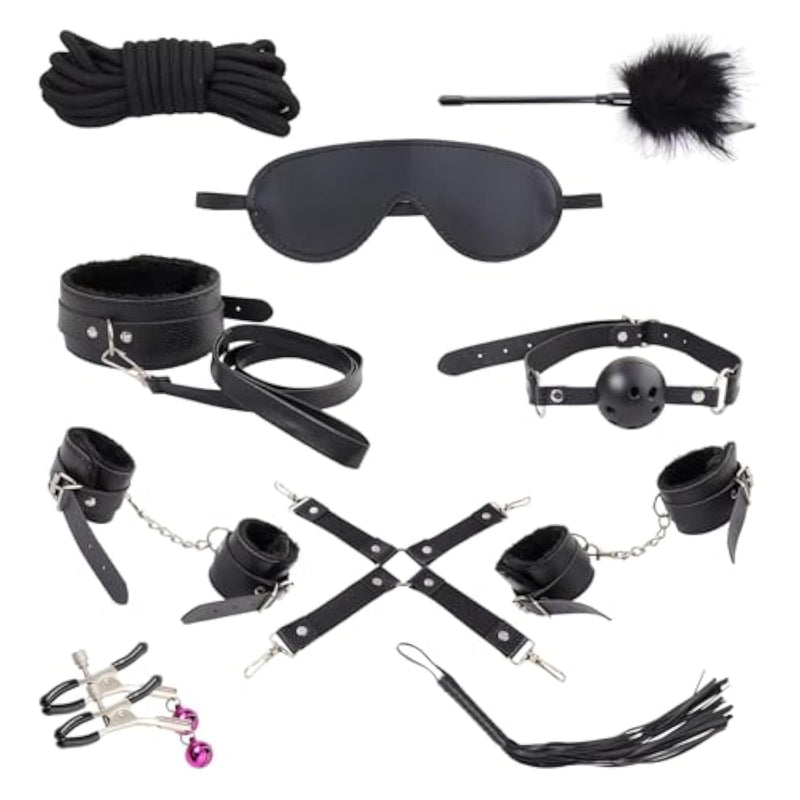 Sex Bondage Bdsm Kit Restraints, 10 Piece Bondage Restraints Set Fetish Bed Restraints Kits Handcuffs Flogger Rope Collar Blindfold Sm Adult Games For Women Men And Couples Sex Toys (Black)