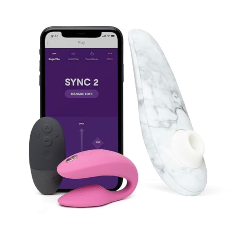 Sync 2 Pink App Control Couples Vibrator & Womanizer Special Edition Clitoris Vibrator White - Couples Sex Toys Bundle