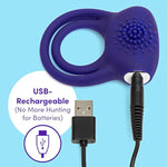 Bed Ringer Vibrating Cock Ring - Stretchy Textured Double Penis Ring - 12 Function Stimulation Device For Couples Sex - Rechargeable - Waterproof - Blue