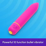 Excite Bullet Vibrator - 3.5 Inch Powerful Mini Bullet Massager - 10 Function Quiet Bullet Vibrator For Women - Waterproof - Pink