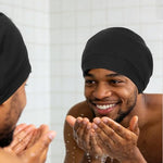 HATOHA Satin Bonnet for Men, Adjustable Buckle Sleep Cap, Curly Hair Black