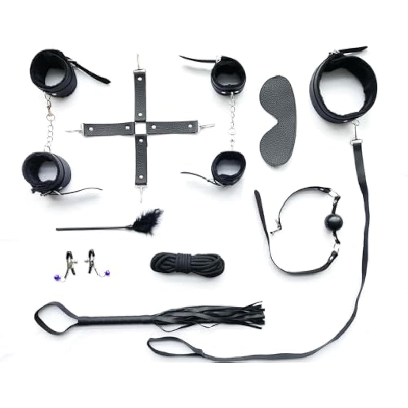 Sex Bondage Bdsm Kit Restraints,10 Piece Sets With Adjustable Handcuffs,Collar, Ankle Cuff,Blindfold,Feather Tickler, Nipple Clamps, Restraint Kits For Male And Female Couples, Adult Products,Black
