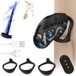 Electric Shock Male Cock Cage Chastity Device Set 9 E-Stim Intensities Chastity Lock With 3 Rings Penis Plug Remote Control Sm Bondage Adult Sex Toys For Men Penis Testicle Stimulation Exercise