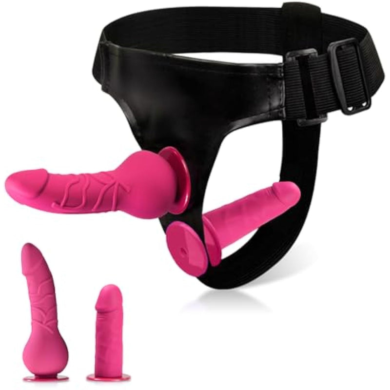 Wearable Strap On Dildo Set - Adjustable Harness With 2 Realistic Dildos For Lesbian, G-Spot Anal Dildo Sex Toys For Female Pleasure (Red)