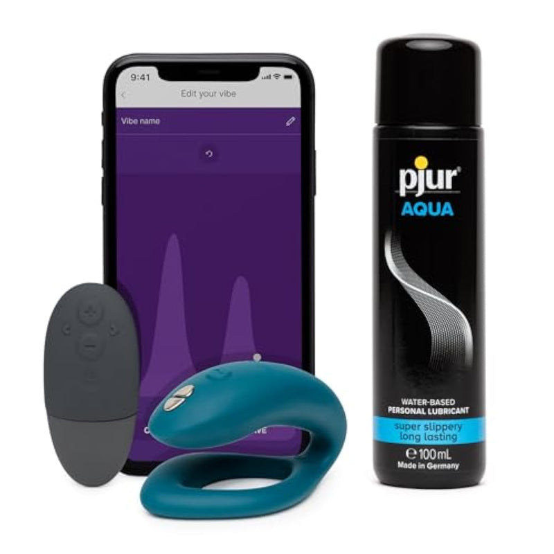 Sync O Green Remote Control C-Shaped Couples Vibrator & Pjur Aqua Water Based Personal Lubricant 3.4 Fl Oz - Couples Sex Toys Bundle