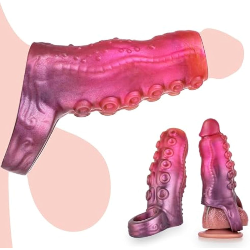 Penis Sleeve With Cock Rings Penis Extender, Pink Silicone Tentacle Fantasy Hollow Penis Prolong Enlargement Reusable Adult Sex Toys For Men Couples