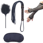 5 Pieces Feather Whip Feather Clit Erotic Leather Paddle Flogger Whip With Satin Sateen Eye Mask Blindfold Fishnet Gloves Sex Toys For Couples, Black
