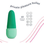 Private Pleasure Bullet Vibrator, Made Of Body-Safe Silicone, Quiet Mode, 10 Settings, Rechargeable & Waterproof, Hygiene & Privacy Cover, Green