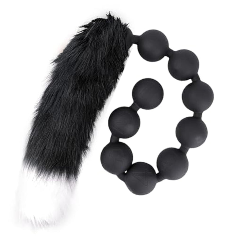 Silicone Anal Beads With Removable Fox Tail Anal Butt Plug For G-Spot Prostate Stimulation Massage Adult Sex Toy With 9 Anal Balls For Cosplay Anal Training For Beginner Men Women Black S
