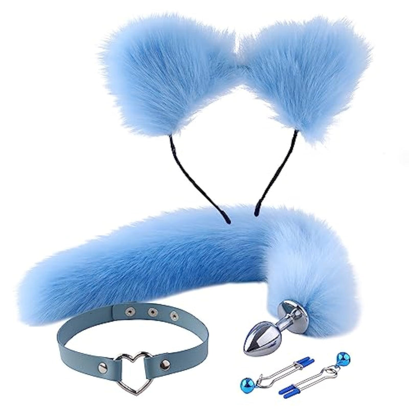Fox Tail Anal Plug Collar And Nipple Clamps Cat Ears Butt Plug Stainless Steel Anal Plug For Women Costume Props