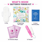 Menstrual Kit All-in-One | Convenience on The Go | Single Period Kit Pack for Travelling, Tweens & Teenagers | Individually Wrapped Feminine Hygiene Products (Butterflies)